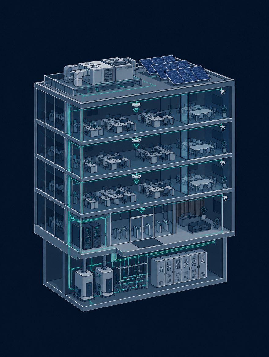 Cutaway illustration of a commercial building showing rooftop plant and solar, open office floors with Wi-Fi and cameras, a comms room, an access-controlled lobby and a basement plant room, all linked by teal lines